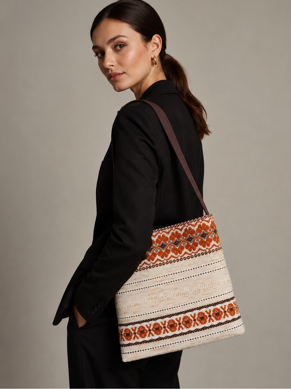 Boho Upcycled Jacquard Crossbody Bag in Orange and Cream One of a Kind